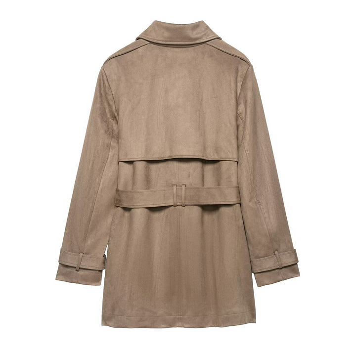 Damen Doppelreihiger Wildlederoptik-Trenchcoat mit Taillengürtel Drune
