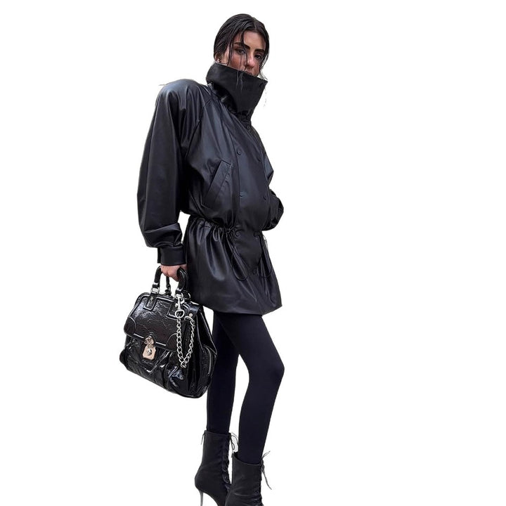 Damen Kunstlederjacke mit modischem Oversized-Schnitt und taillierbarem Gürtel Drune