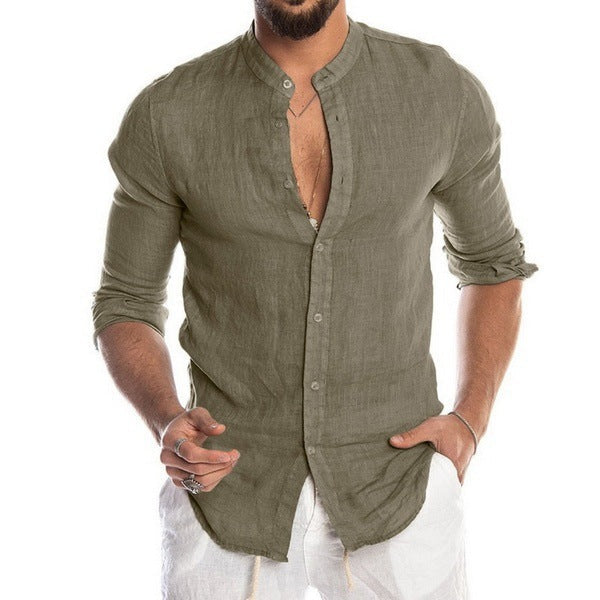 Herren nan Leinenhemd mit Stehkragen, durchgehender Knopfleiste und legerer Slim-Fit-Passform Drune