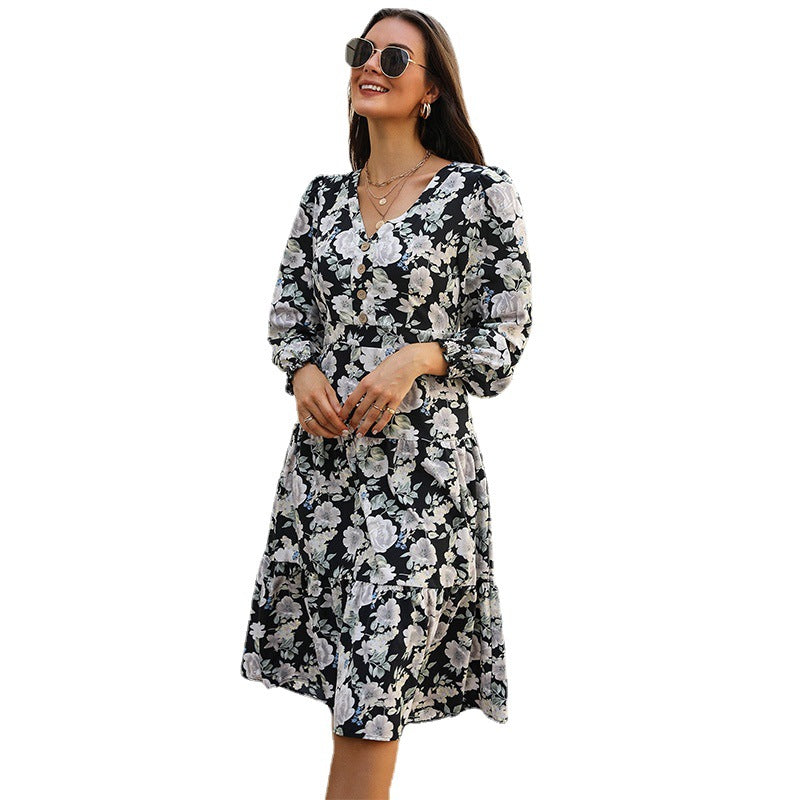Damen Midikleid mit Stufenrock, V‑Ausschnitt, Taillennaht und gerafften Armabschlüssen Drune