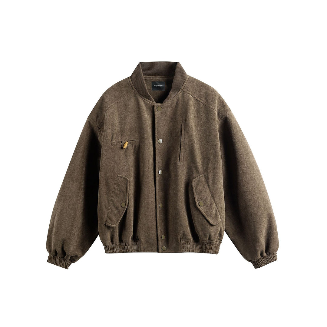 Unisex Boxy-Softsuede-Blouson mit Druckknopfleiste, Pattentaschen und geripptem Saum Drune