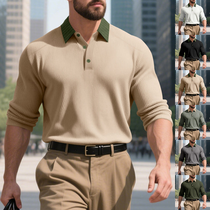 Herren elegantes Langarm-Polohemd mit strukturiertem Design und modischem Kragen Drune