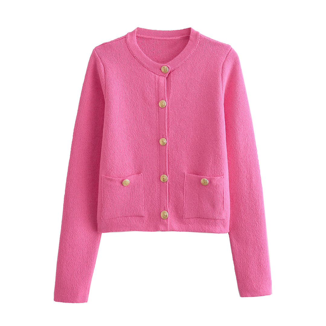 Damen Kurzgeschnittener Bouclé-Cardigan mit Rundhals, Pattentaschen und Münzknöpfen Drune