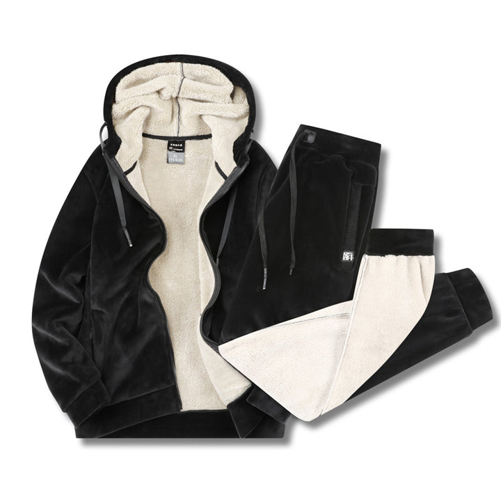 Herren Fleece-Freizeitanzug mit Kapuzenjacke und Thermo-Jogginghose Drune