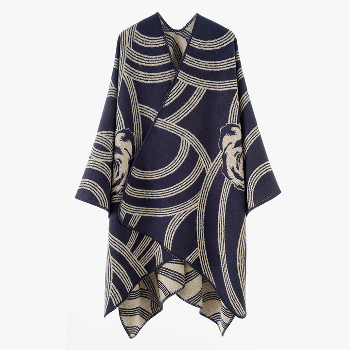 Damen Jacquard‑Capeponcho mit Rosendessin und Oversize‑Fall Drune