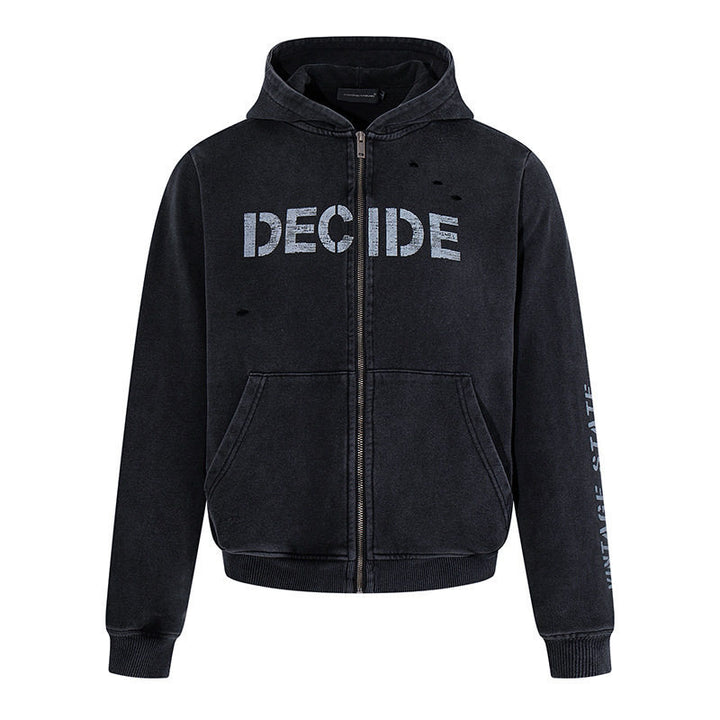 Herren Kapuzen-Zipjacke im Vintage-Look mit Statement-Print und Destroy-Details Drune