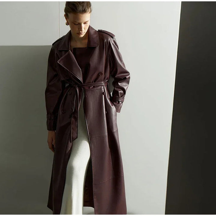 Damen Eleganter Kunstleder-Trenchcoat mit tailliertem Gürtel Drune