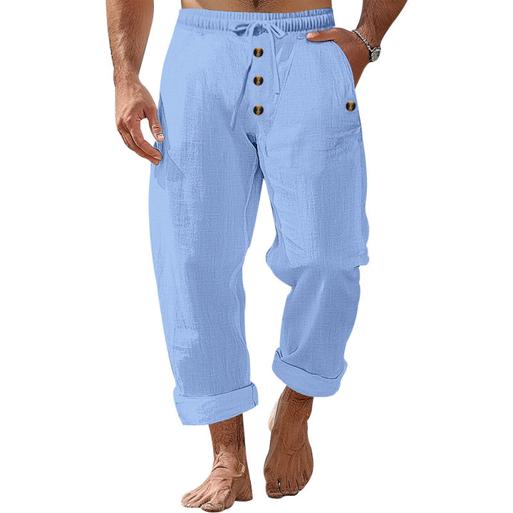Herren nan lockere Leinen-Baumwoll-Hose mit elastischem Bund, Kordelzug und aufgekrempeltem Saum Drune