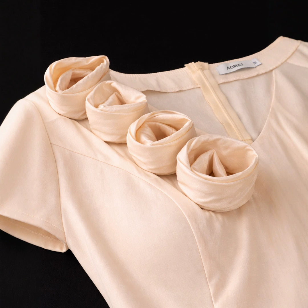 Damen figurbetontes Kleid mit Volant und Blütenapplikationen Drune