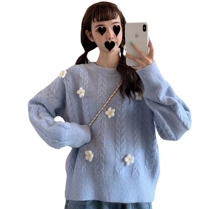 Damen Modischer Grobstrickpullover mit Blumenapplikationen Drune