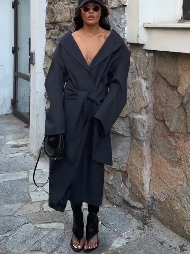 Damen Oversize Wickelmantel mit weitem Schalkragen und Bindegürtel Drune