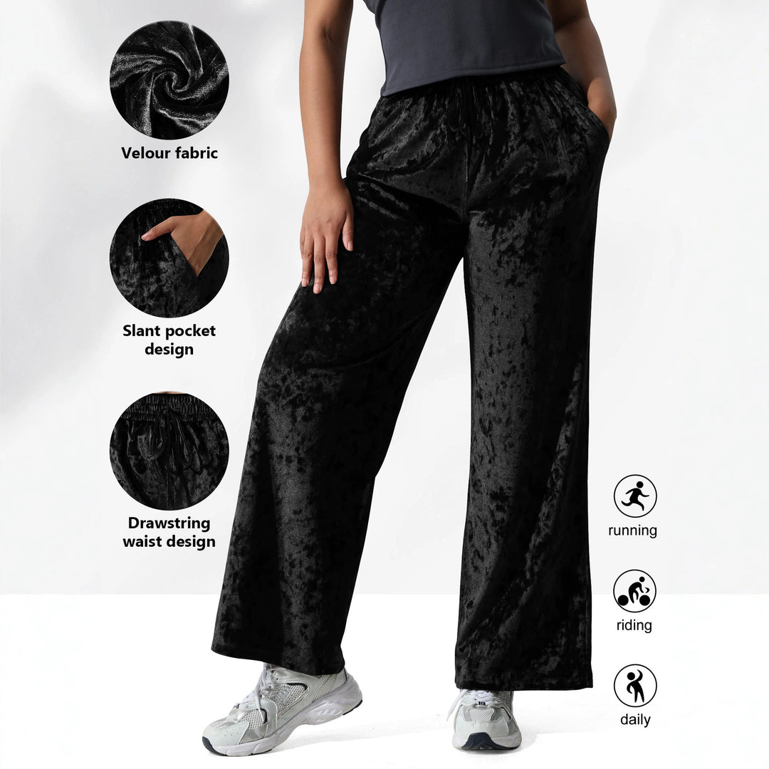 Damen Velours-Hose mit weitem Bein, Tunnelzug und Eingrifftaschen Drune