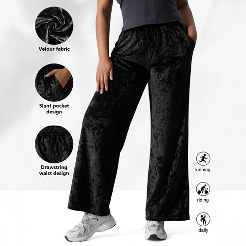 Damen Velours-Hose mit weitem Bein, Tunnelzug und Eingrifftaschen Drune