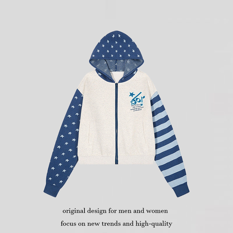 Damen Kurz geschnittene Kapuzen-Sweatjacke mit durchgehendem Reißverschluss, gemusterten Ärmeln und Sternmotiv Drune