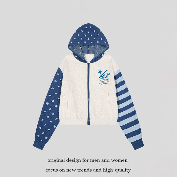 Damen Kurz geschnittene Kapuzen-Sweatjacke mit durchgehendem Reißverschluss, gemusterten Ärmeln und Sternmotiv Drune