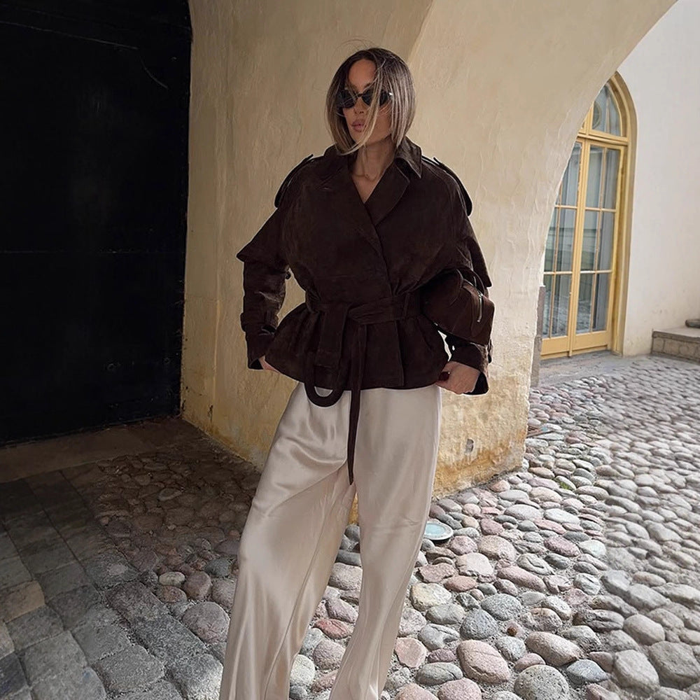 Damen modische Wildlederjacke mit Taillengürtel und voluminösen Ärmeln Drune