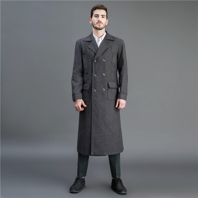 Herren Eleganter lang geschnittener Wollmantel mit Doppelreihe und Pattentaschen Drune