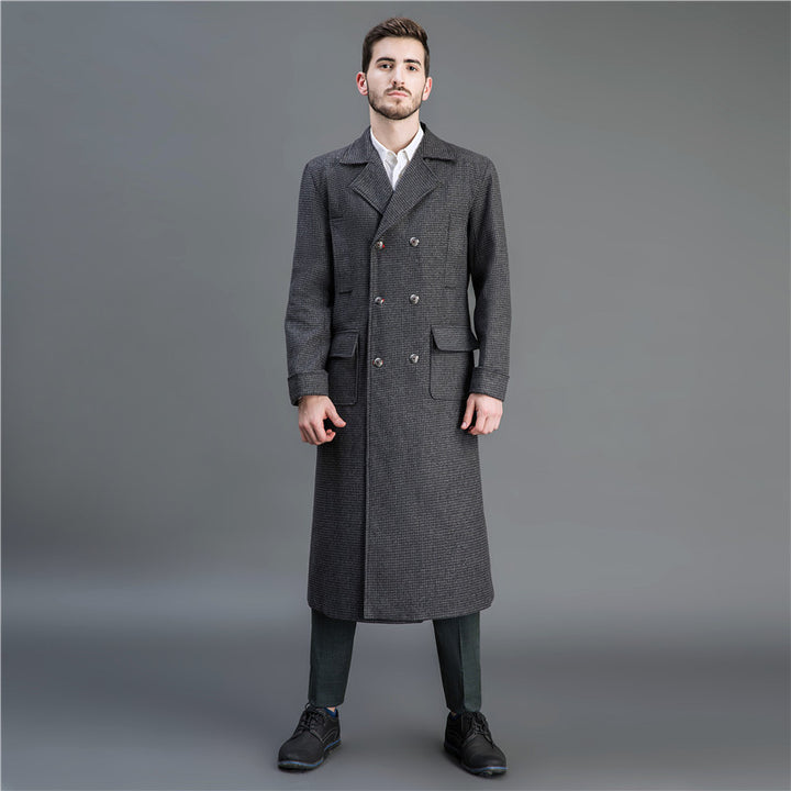 Herren Eleganter lang geschnittener Wollmantel mit Doppelreihe und Pattentaschen Drune