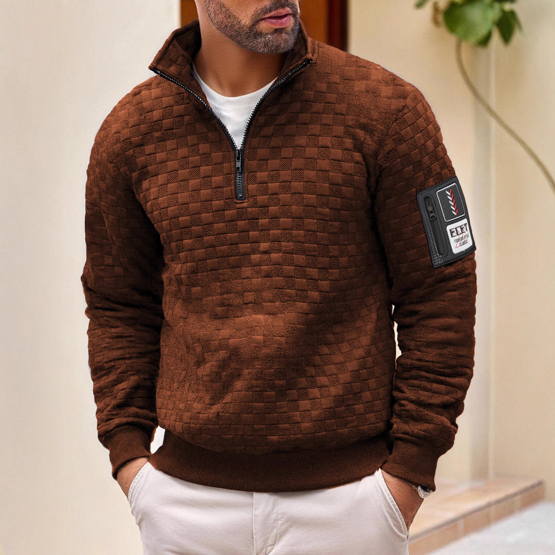 Herren strukturierter Stehkragen-Halbzip-Pullover mit Karosteppung, elastischen Bündchen und Ärmel-Patch Drune