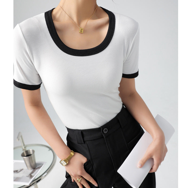 Damen kurzärmliges Shirt mit geometrischem Rippdesign und Kontrastdetails Drune