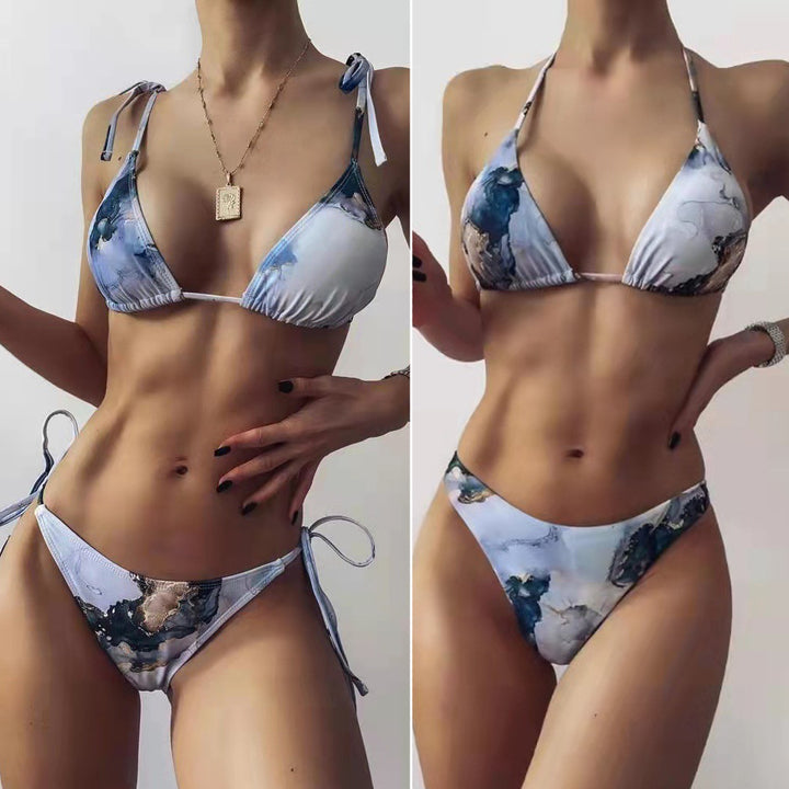 Damen Hoch geschnittenes Bikini-Set mit stylischem Marmor-Print Drune