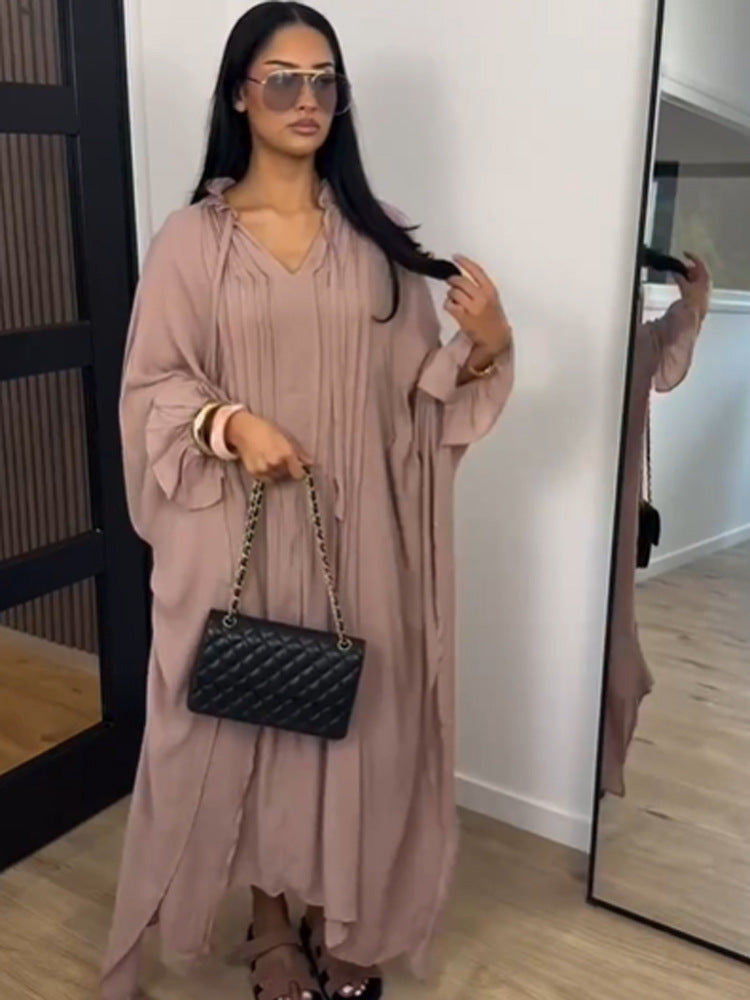 Damen Maxikleid im Kaftan-Stil mit Rüschenkragen, Bindebändern und voluminösen Ärmeln Drune