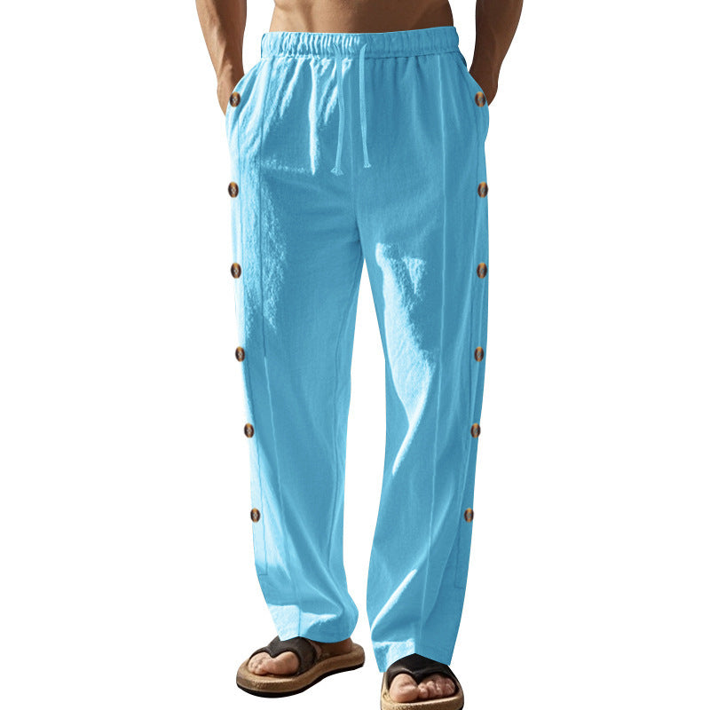 Herren nan entspannte Leinen-Relaxhose mit seitlicher Knopfleiste elastischem Bund und Eingrifftaschen Drune