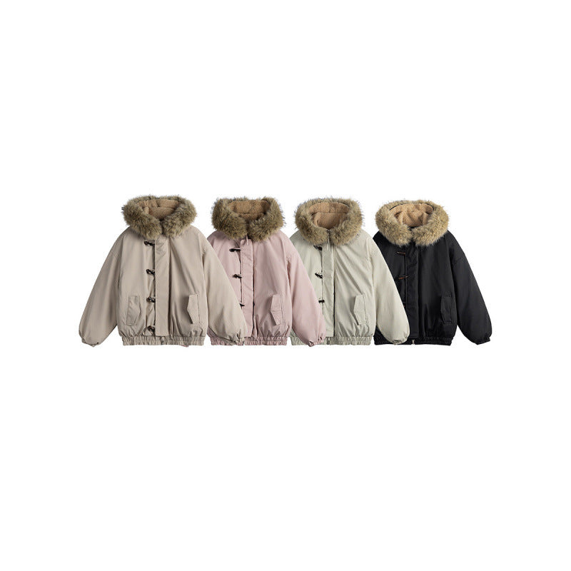 Unisex Gepolsterte Kapuzenjacke im Boxy‑Cut mit Teddyinnenfutter, Kunstfellkragen und Knebelverschlüssen Drune