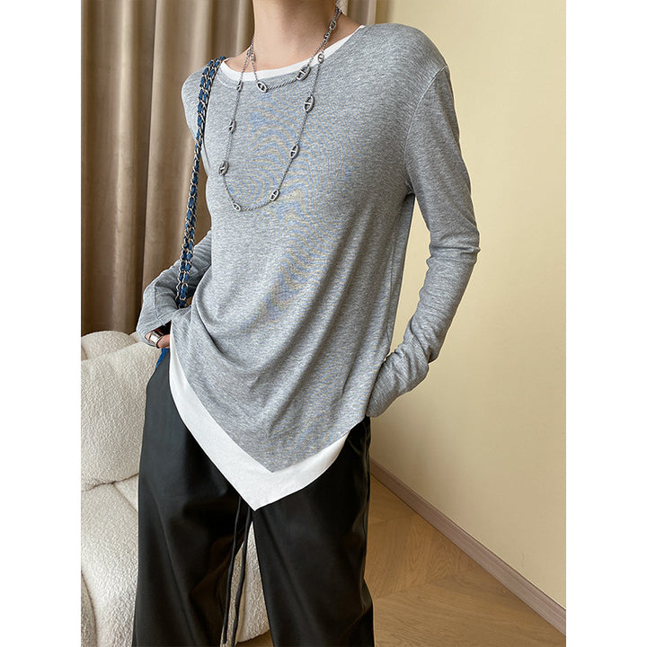 Damen lässiges Langarmshirt mit asymmetrischem Saum und feinem Material Drune