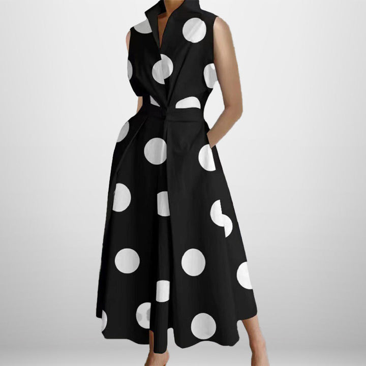 Damen Gepunktetes Maxikleid mit Stehkragen, Volantärmeln und Bindegürtel Drune