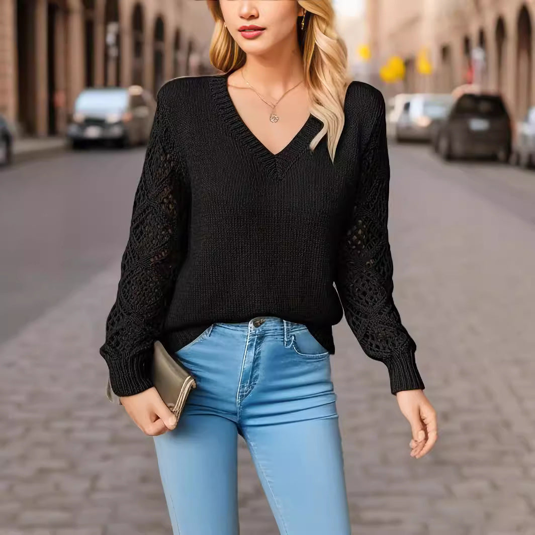 Damen Eleganter Strickpullover mit V-Ausschnitt und gehäkelten Ärmeln Drune