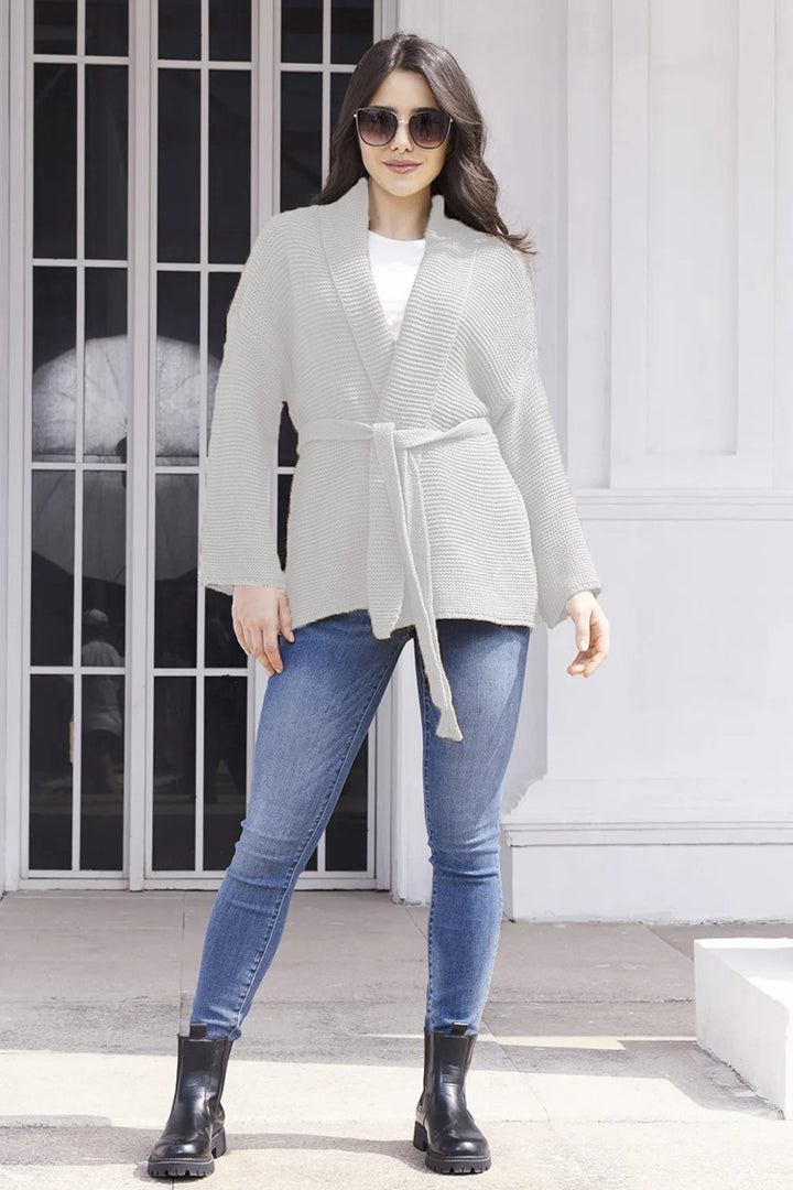 Damen lässiger Strickcardigan mit Taillengürtel und Schulternähten Drune