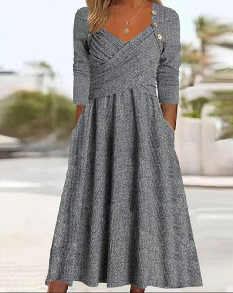 Damen nan legeres Strick-Maxikleid mit Wickeloberteil V-Ausschnitt Eingrifftaschen und Zierknopfleiste Drune