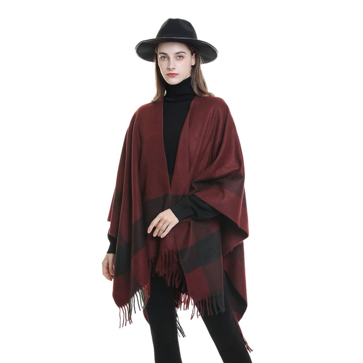 Damen Wollmix‑Schulterponcho mit Fransensaum und kontrastierenden Blockstreifen Drune