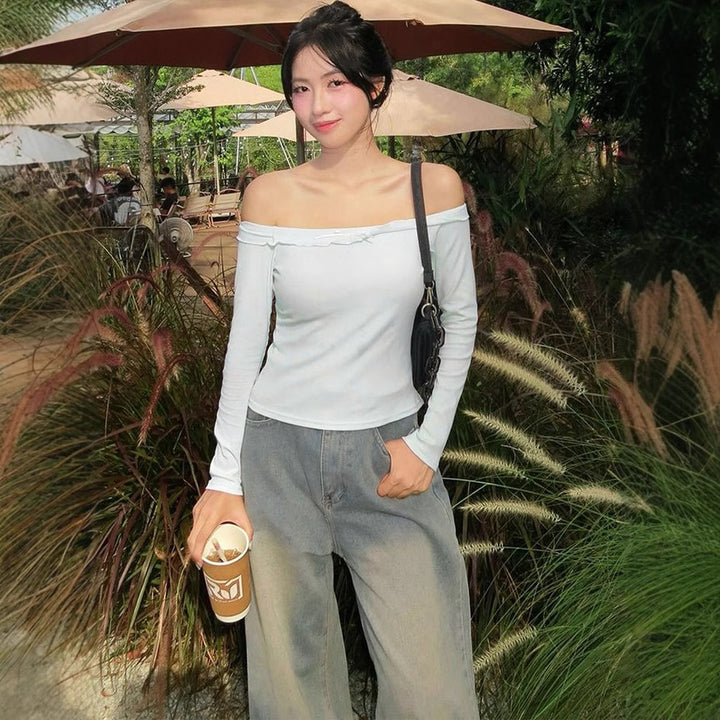 Damen Off-Shoulder Langarmoberteil mit zartem Rüschenbesatz Drune