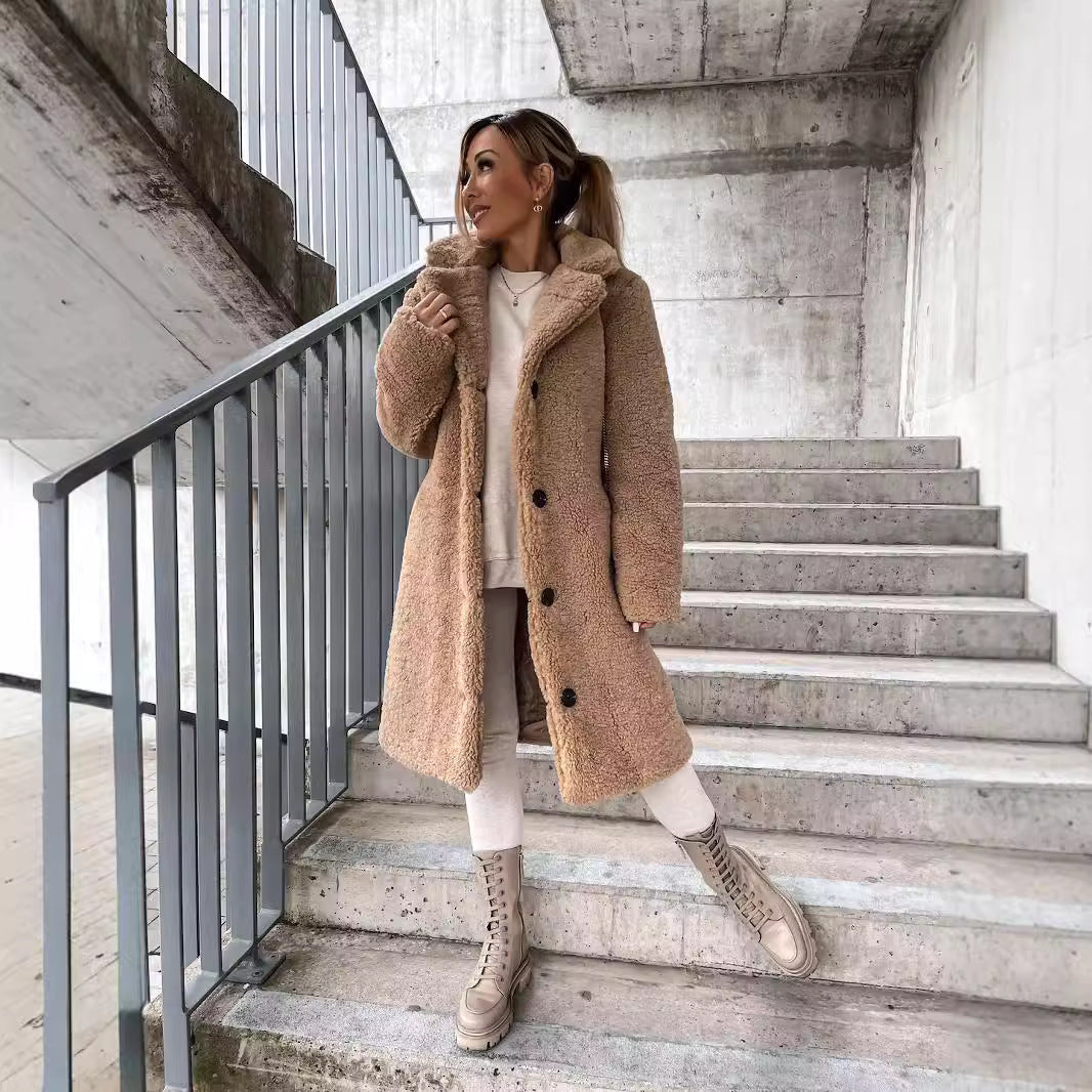 Damen Lange Teddy Faux-Shearling Knopf-Front Mantel mit Reverskragen Drune