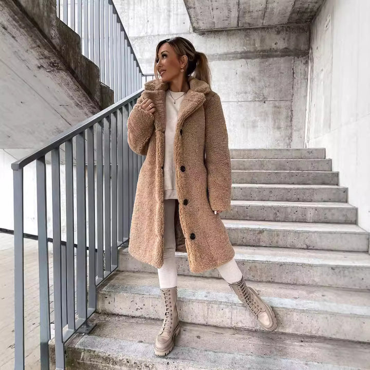 Damen Lange Teddy Faux-Shearling Knopf-Front Mantel mit Reverskragen Drune