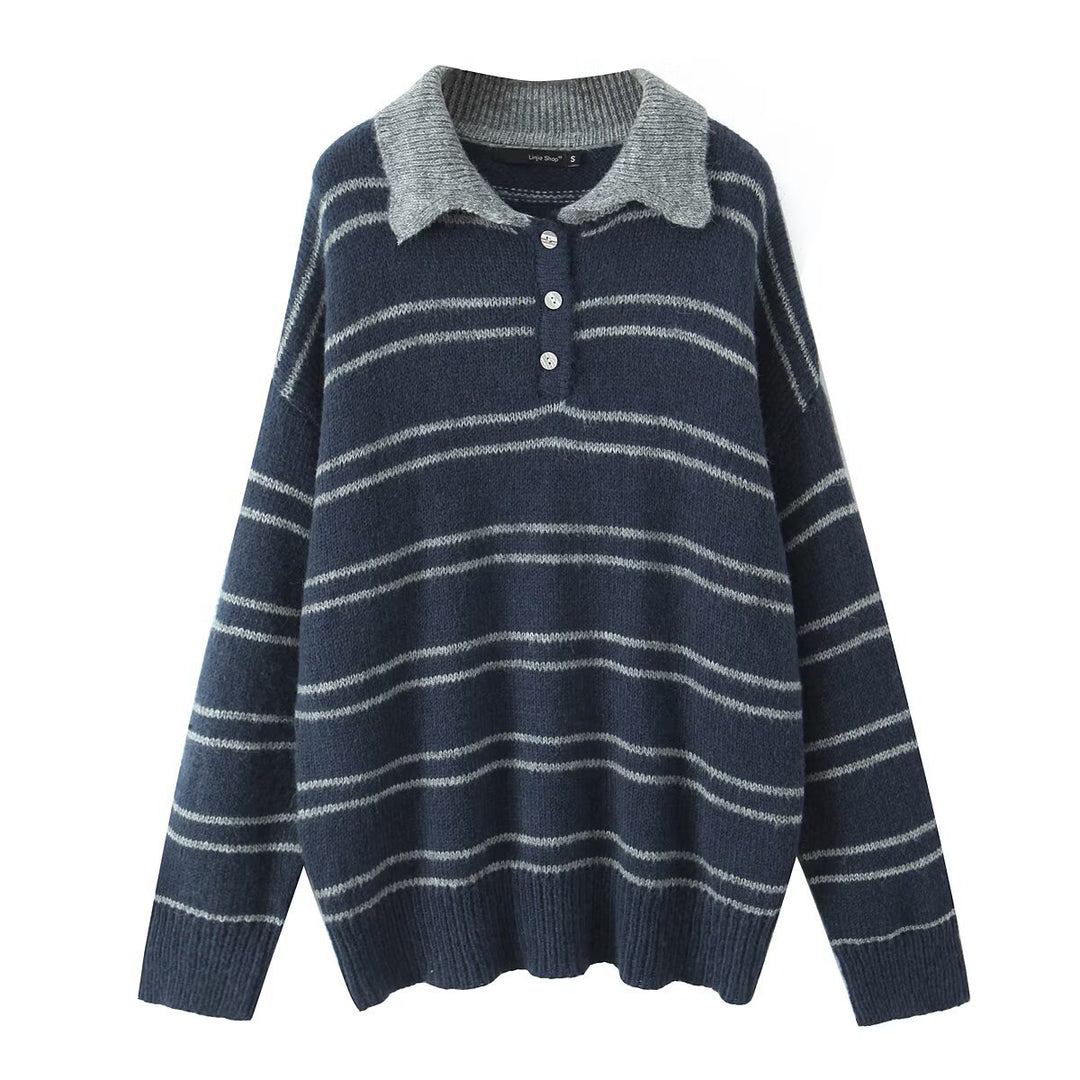 Damen lässiger Pullover mit kontrastierendem Kragen und modernen Streifen Drune