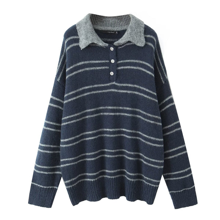 Damen lässiger Pullover mit kontrastierendem Kragen und modernen Streifen Drune