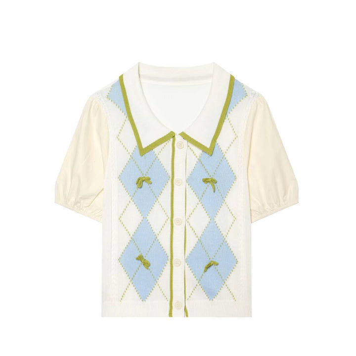Damen Kurzarm-Pulloverjacke mit Argyle-Strickfront, Bubikragen und Puffärmeln Drune