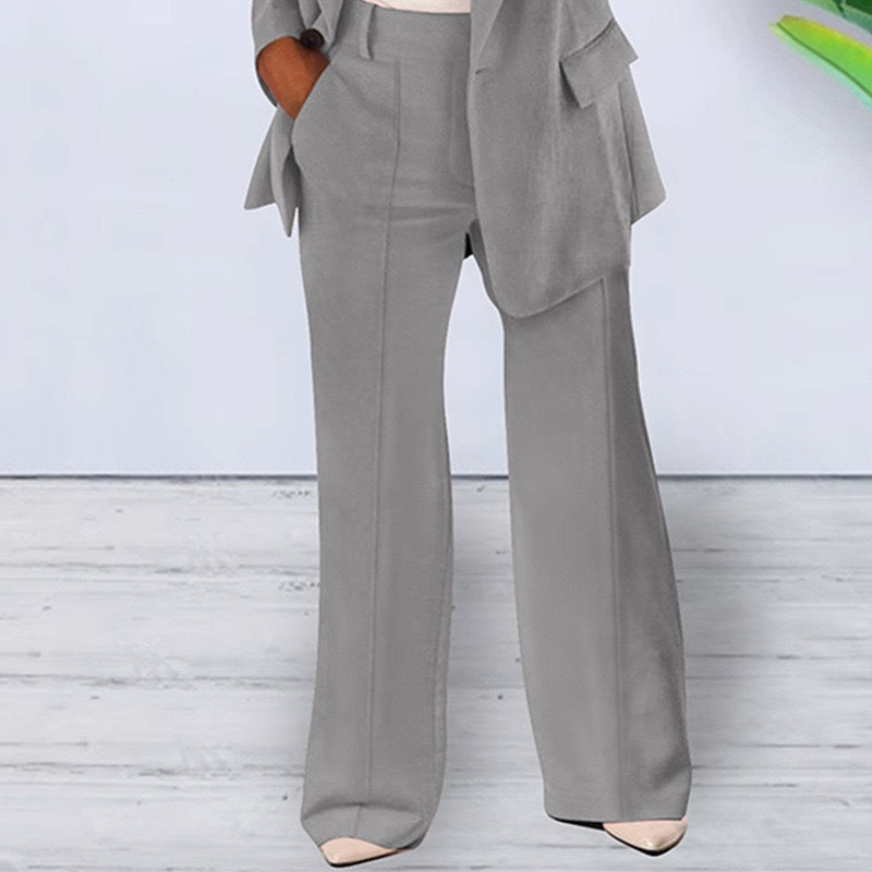 Damen nan bürotaugendes Hosenanzug Set mit weiter Hose und tailliertem Blazer Drune