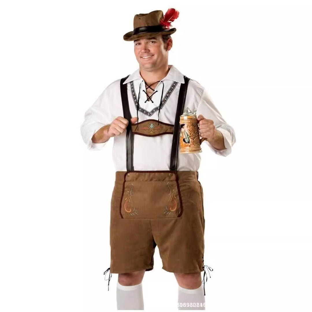 Herren nan kurze Trachtenlederhose mit verstellbaren Hosenträgern und besticktem Latz Drune