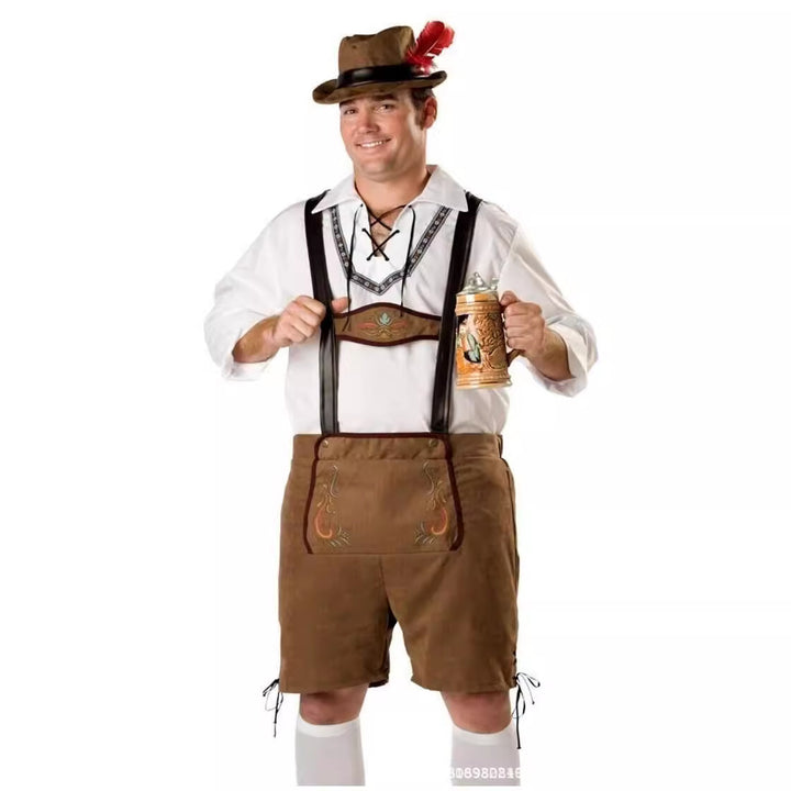 Herren nan kurze Trachtenlederhose mit verstellbaren Hosenträgern und besticktem Latz Drune