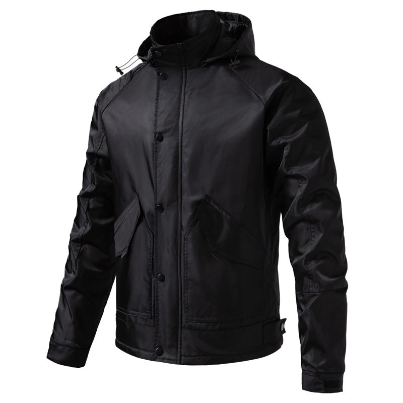 Herren Wasserabweisende Kapuzenjacke im Utility‑Stil mit Druckknopfleiste und Pattentaschen Drune