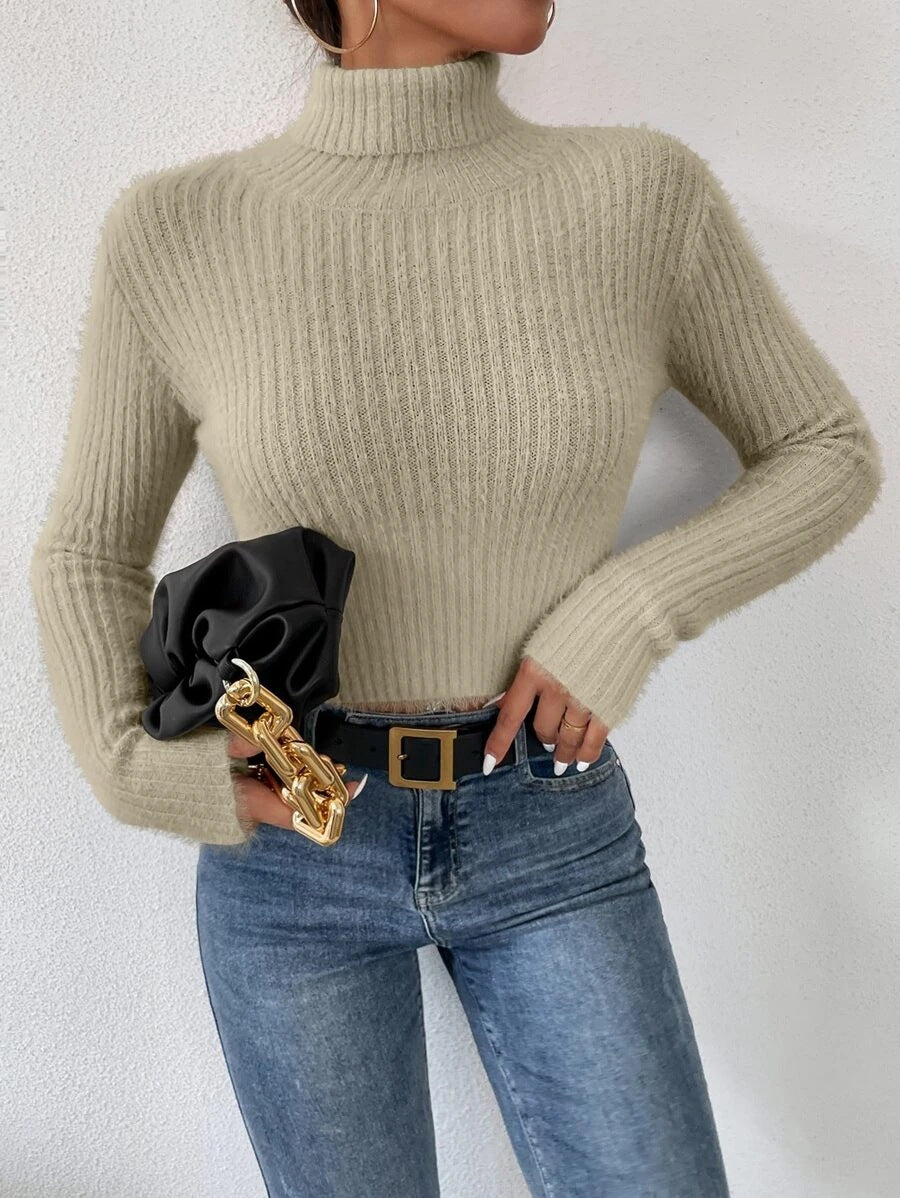 Damen Kurzer Rippstrick-Rollkragenpullover mit flauschiger Mohair‑Optik Drune