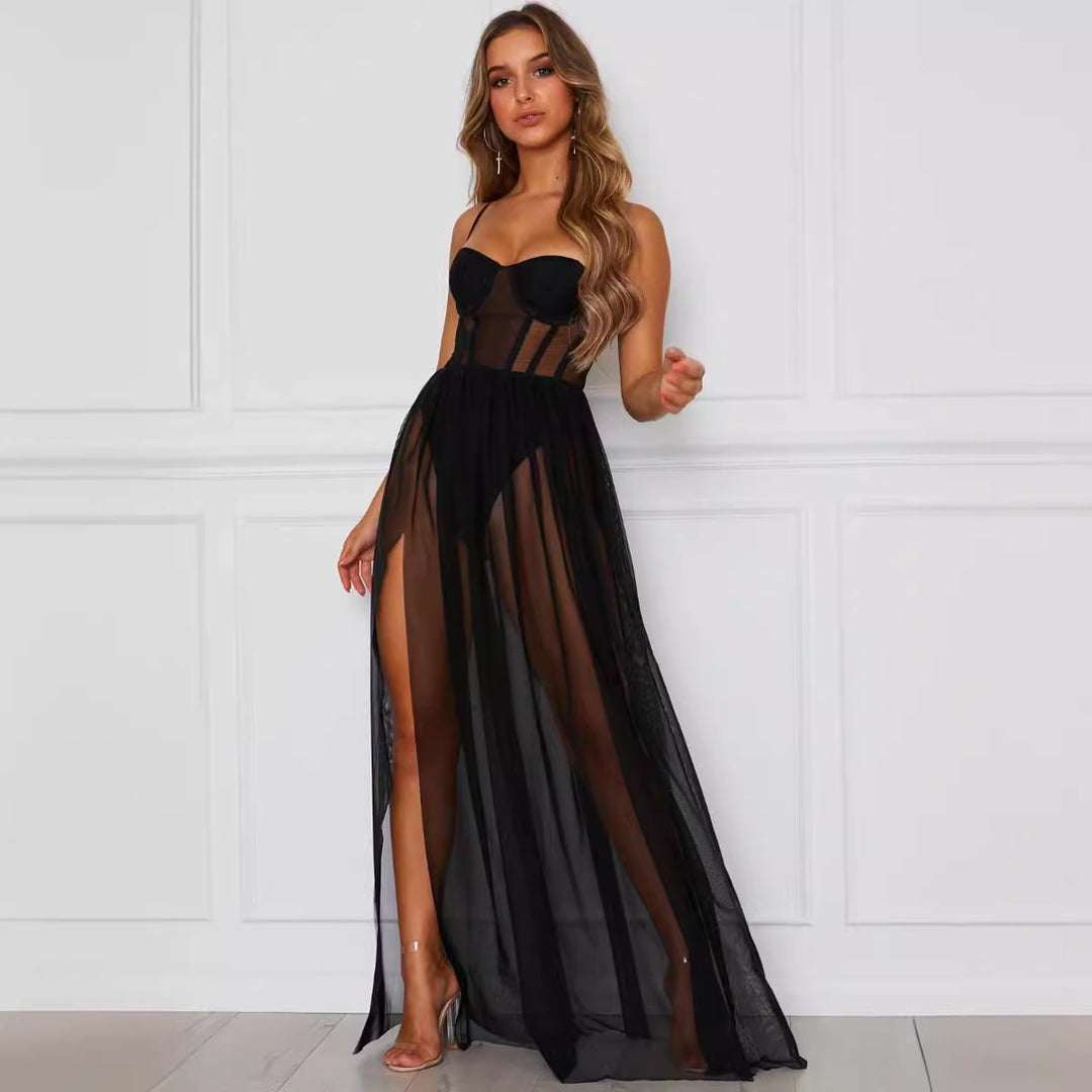 Damen aufregendes Spitzen-Negligé mit verführerischem tiefem V-Ausschnitt und transparenter Silhouette Drune