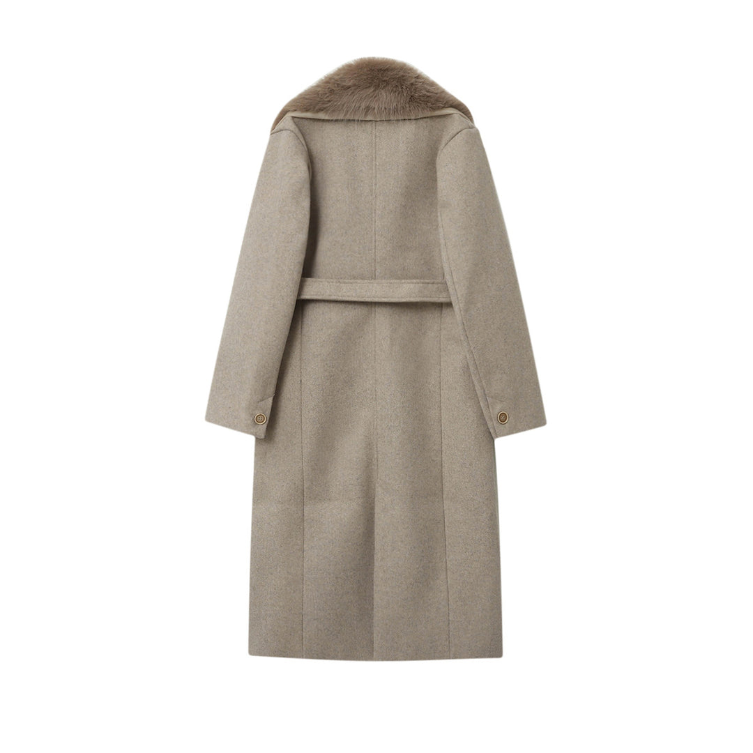 Damen nan eleganter Mantel mit großem abnehmbaren Schalkragen aus Fauxfur, Wickelgürtel und verdeckter Knopfleiste Drune