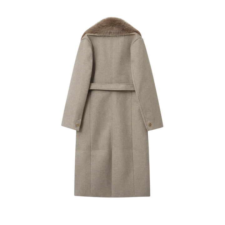Damen nan eleganter Mantel mit großem abnehmbaren Schalkragen aus Fauxfur, Wickelgürtel und verdeckter Knopfleiste Drune