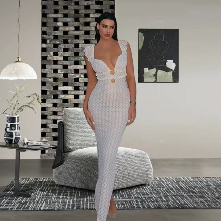 Damen Strick-Maxikleid mit tiefem V-Ausschnitt und Rüschendetails Drune