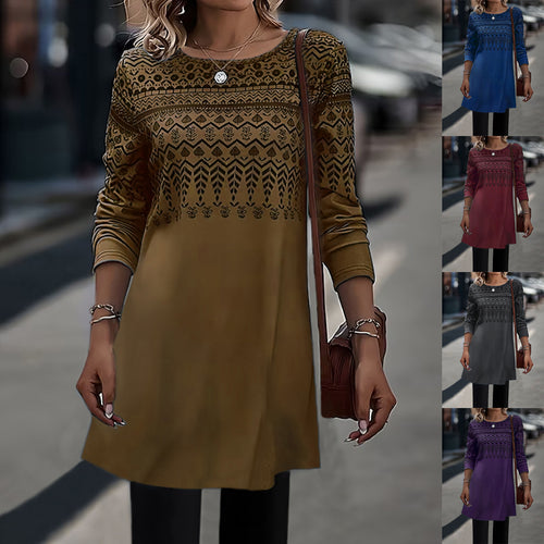 Frauen Longline Tunika Kleid mit Ethno Druck und Rundhalsausschnitt Drune
